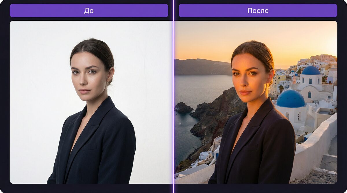 До и после замены фона нейросетью — пример результата